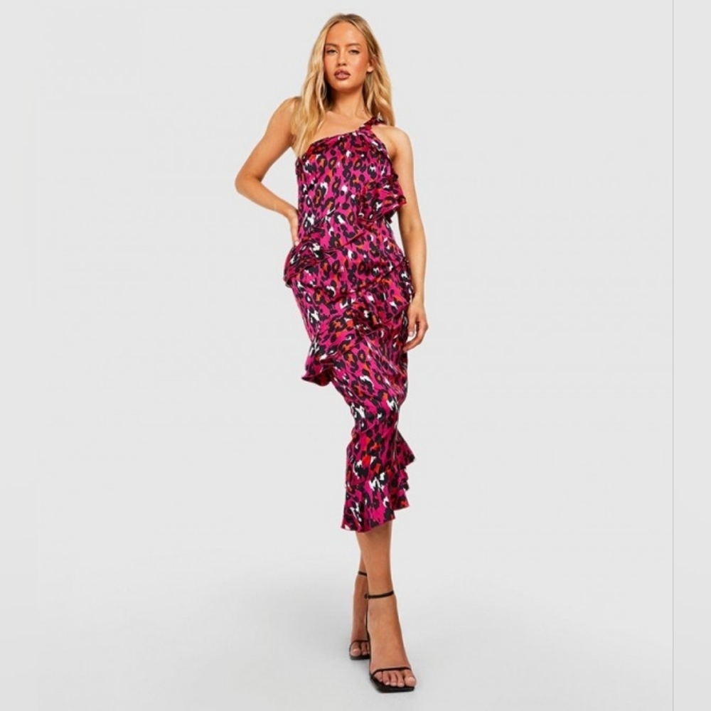 Boohoo One Shoulder Pink Punk Satin Ruffle Leopard Cheetah Midi Dress US 12